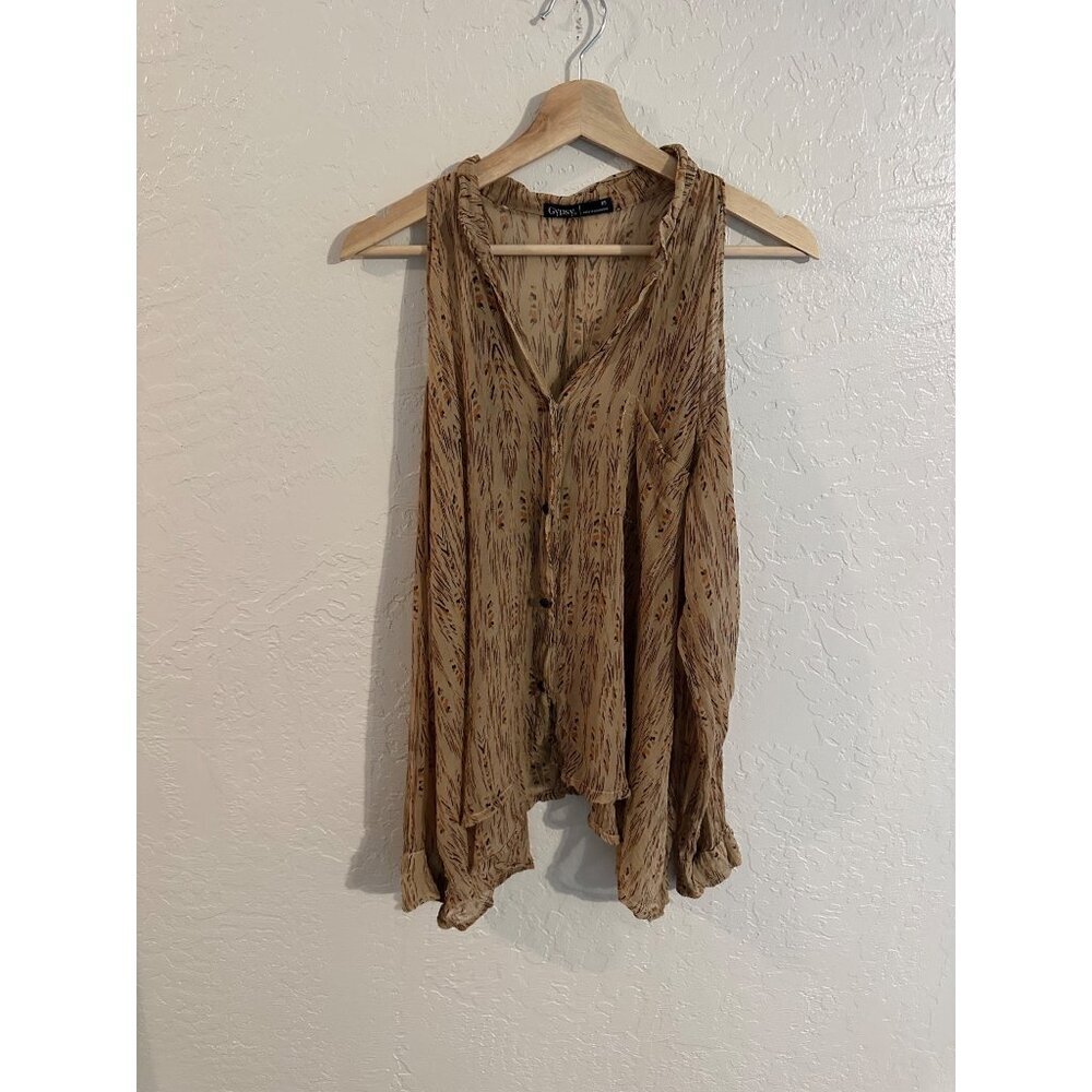 Y Gypsy 05 100% Silk Hippie 70’s Style Tan Cold Shoulder Button Up Blouse